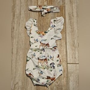 Baby Girl Bambi Ruffled Sleeve Sunsuit Romper with Self-tied Headband